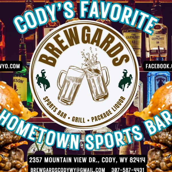 Brewgards Lounge logo with clinking beer mugs, cowboys, and text over a bar with liquor bottles.